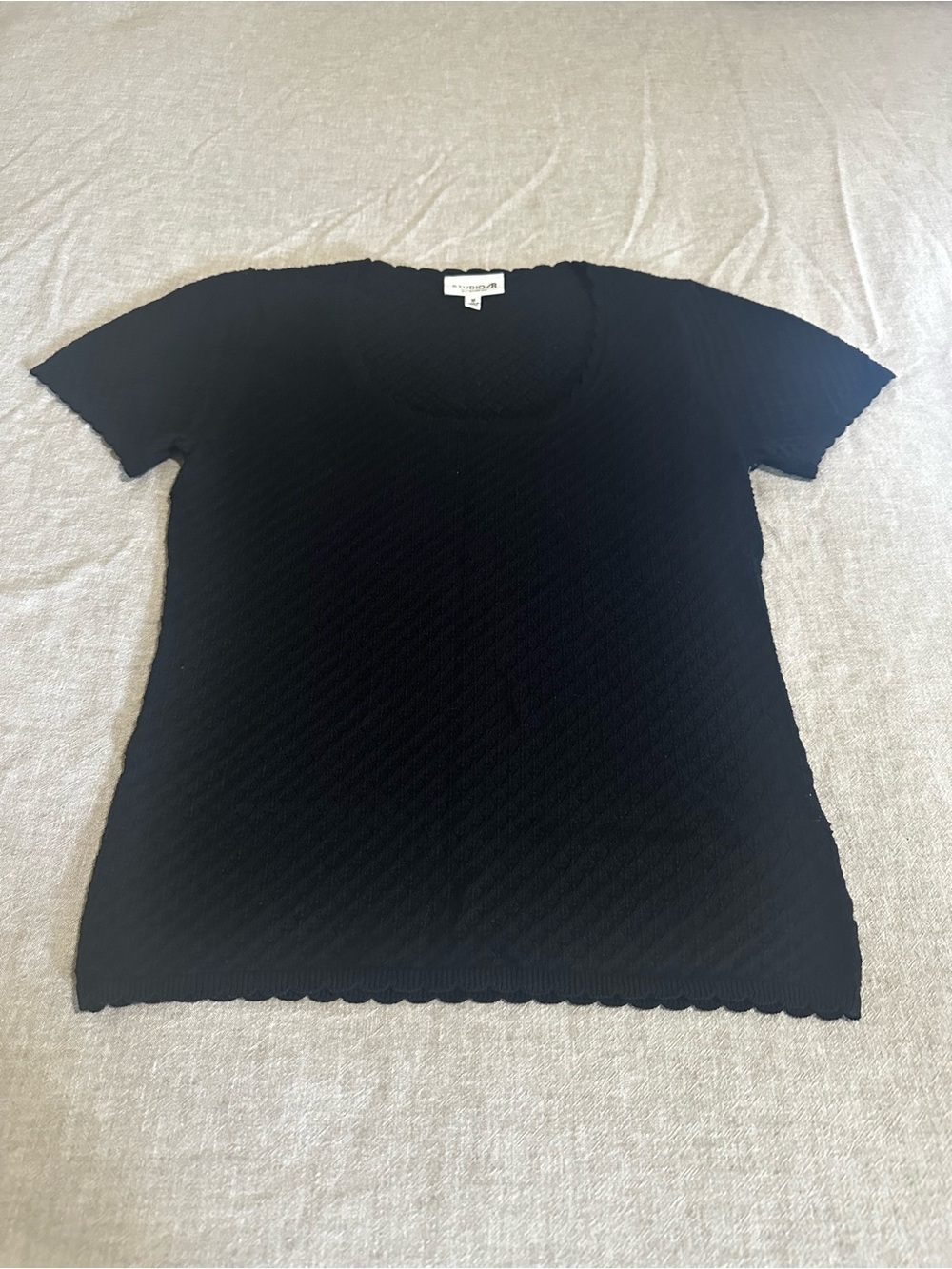 Black open-Weave Crochet Knit Short-Sleeve Sweater - M